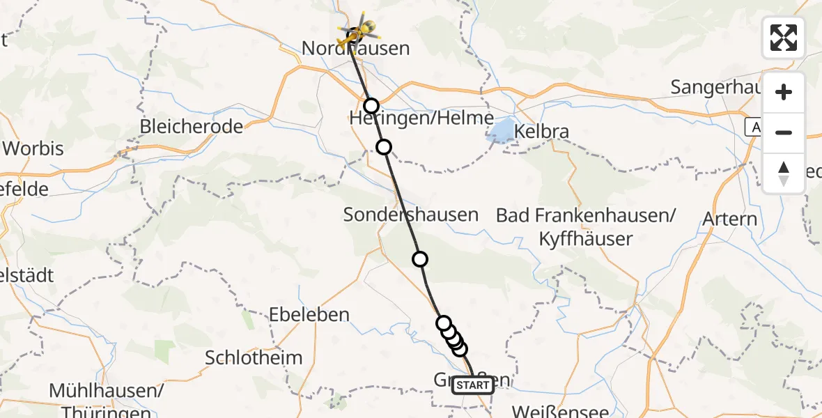 Flugroute Rettungshubschrauber Greußen - Südharz Hospital Nordhausen, 10 Juli 2026, 18:37