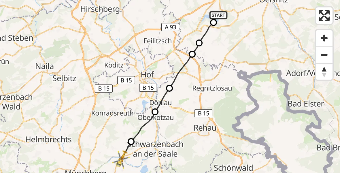 Flugroute Rettungshubschrauber Weischlitz - Schwarzenbach a.d.Saale, 10 Juli 2026, 18:41