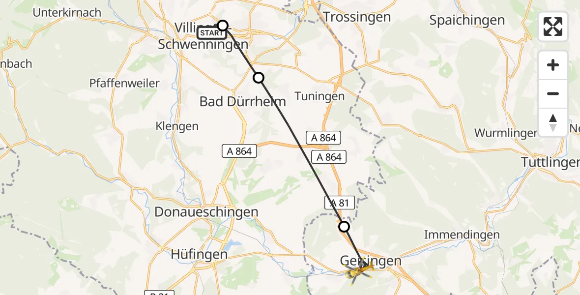 Flugroute Ambulanzhubschrauber DRF Air Rescue Station Villingen-Schwenningen Hubschrauberlandeplatz (Christoph 11) - Geisingen, 10 Juli 2026, 18:42