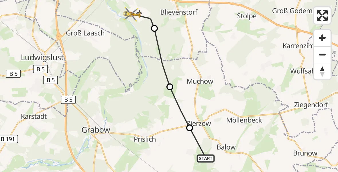 Flugroute Rettungshubschrauber Prislich - Neustadt-Glewe, 10 Juli 2026, 18:43