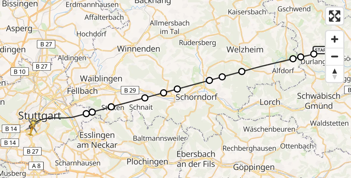 Flugroute Rettungshubschrauber Ruppertshofen - Stuttgart, 10 Juli 2026, 18:43
