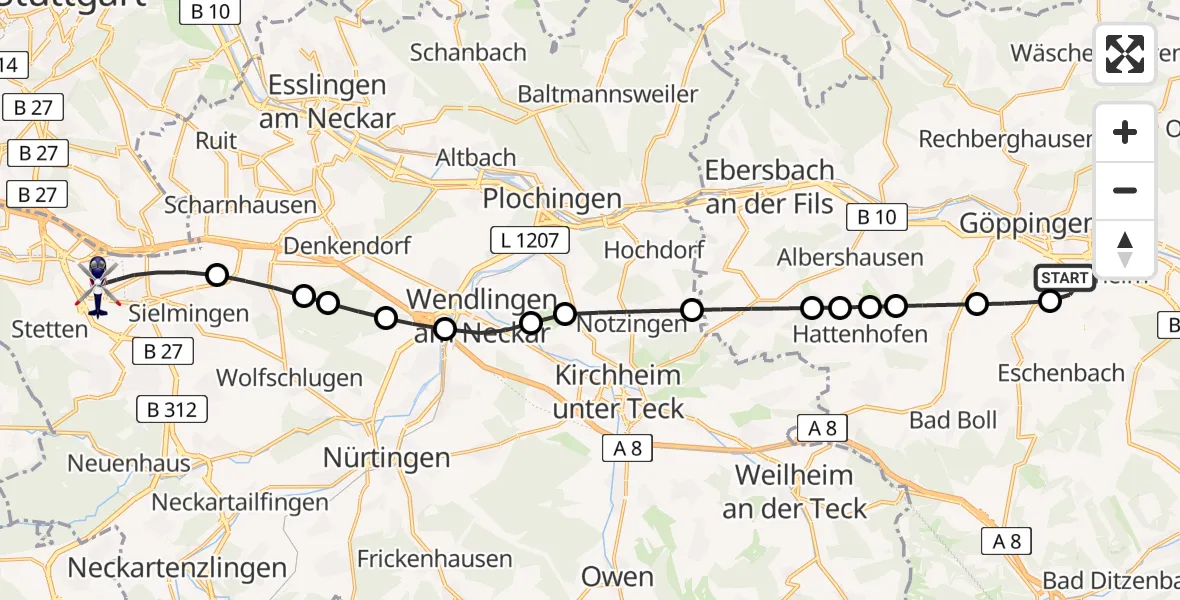 Flugroute Polizeihubschrauber Göppingen - Flughafen Stuttgart, 10 Juli 2026, 18:45