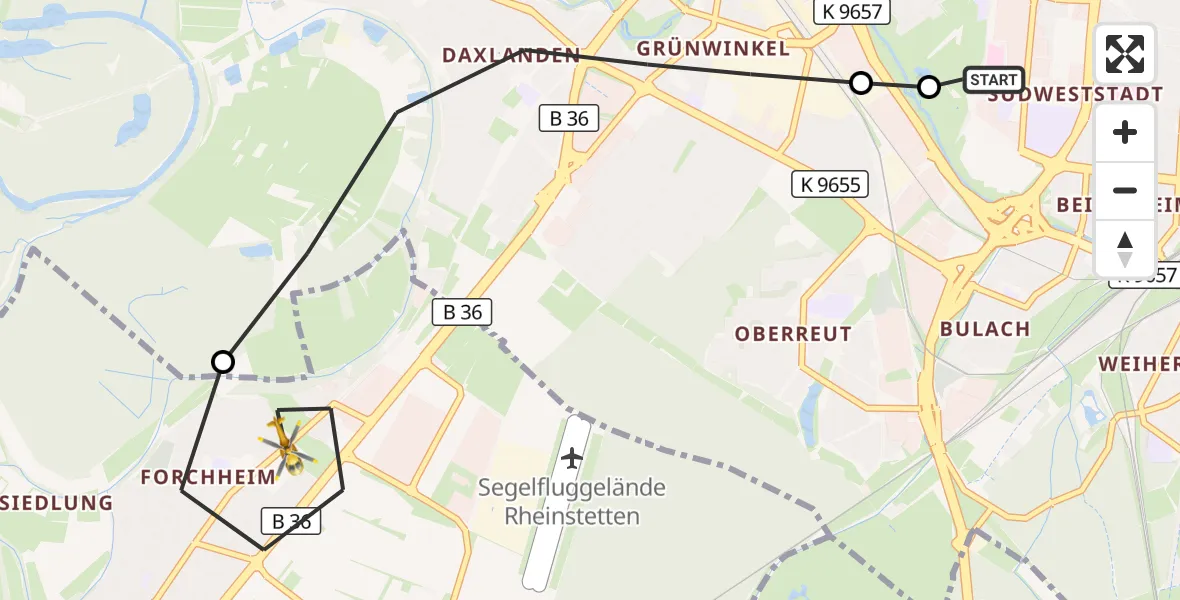 Flugroute Ambulanzhubschrauber Sankt Vincentius Hospital - Rheinstetten, 10 Juli 2026, 18:47