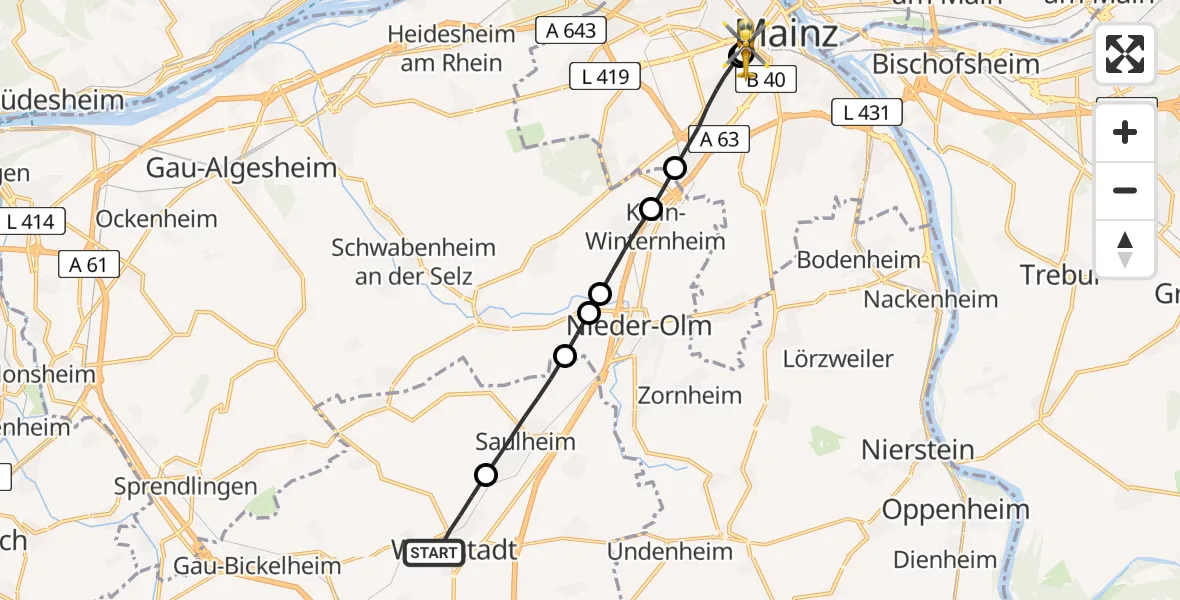 Flugroute Rettungshubschrauber Wörrstadt - Mainz University Hospital, 10 Juli 2026, 18:50
