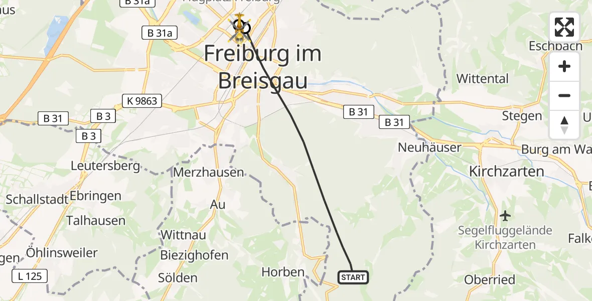 Flugroute Ambulanzhubschrauber Freiburg im Breisgau - Freiburg University Hospital Heliport 1, 10 Juli 2026, 18:53