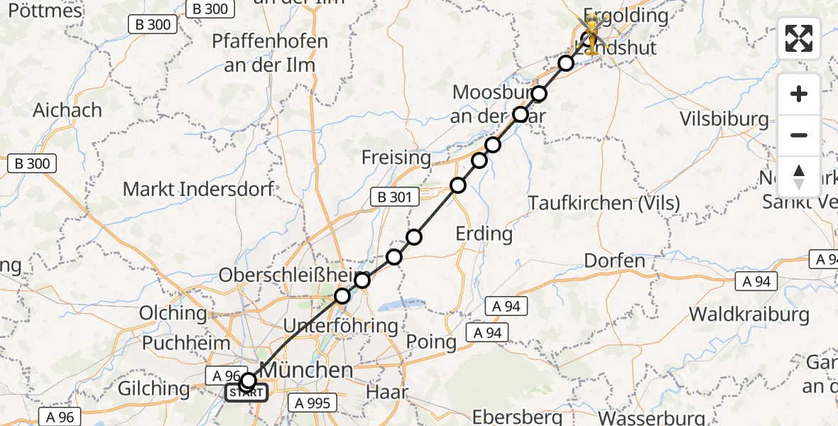 Flugroute Rettungshubschrauber DRF Air Rescue München Hubschrauberlandeplatz - Altdorf, 10 Juli 2026, 18:54
