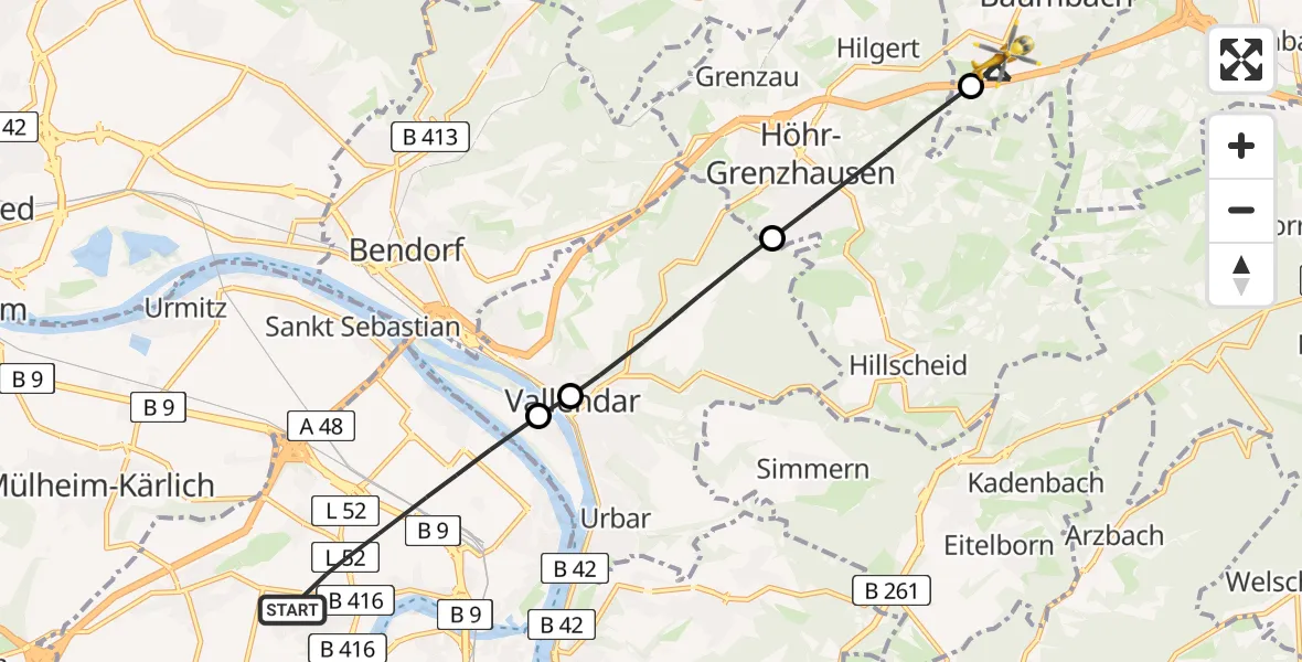 Flugroute Rettungshubschrauber Koblenz - Ransbach-Baumbach, 10 Juli 2026, 18:54