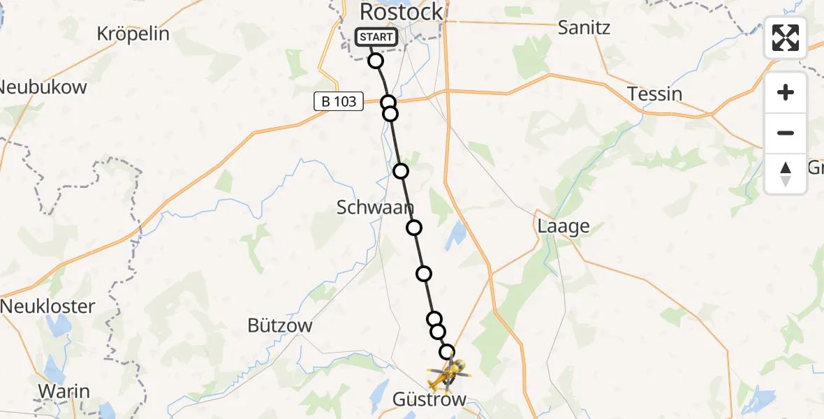 Flugroute Rettungshubschrauber Rostock - Güstrow, 10 Juli 2026, 18:55