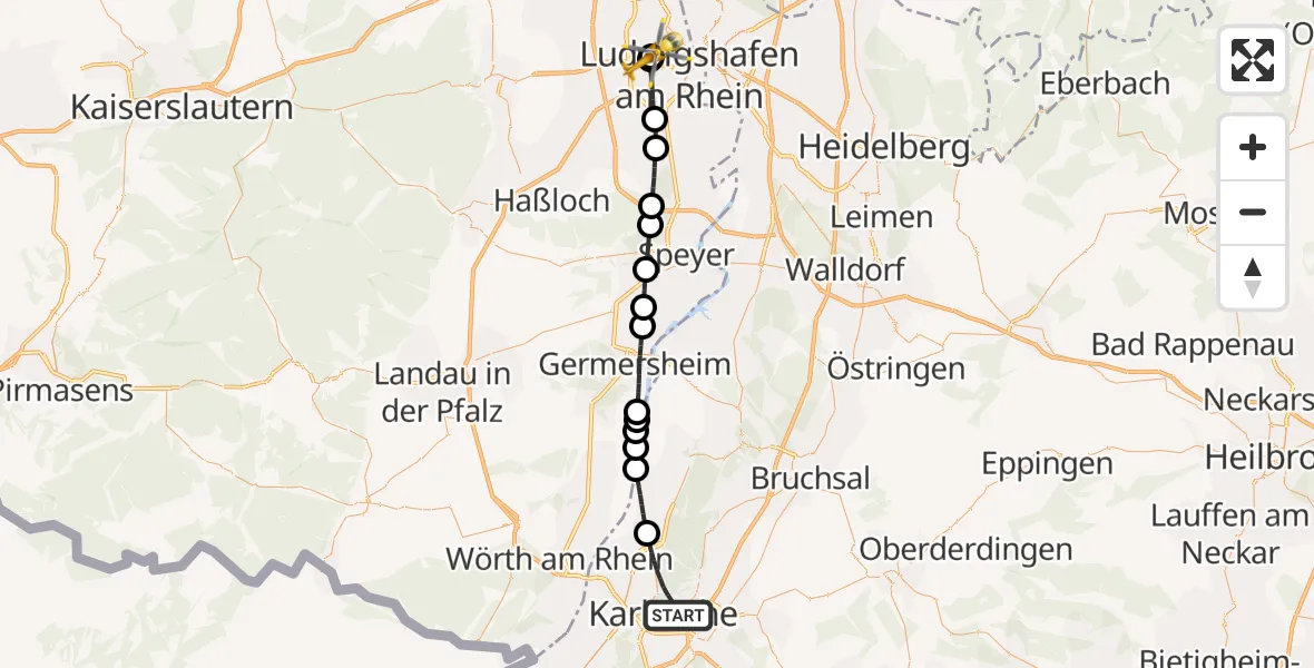 Flugroute Rettungshubschrauber Karlsruhe - Ludwigshafen Accident Hospital, 10 Juli 2026, 18:56