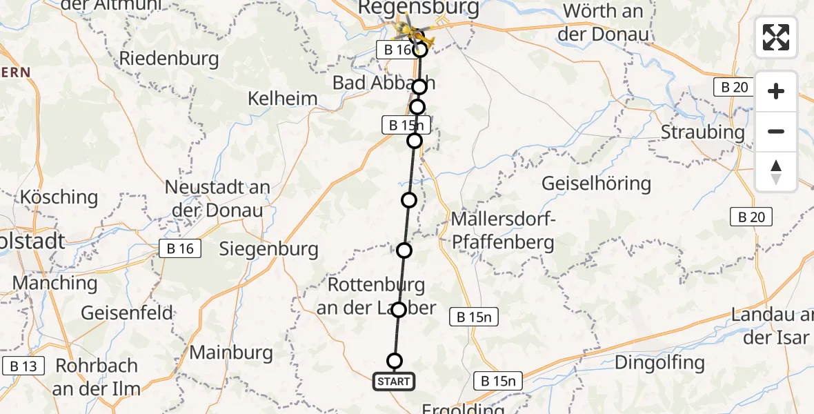 Flugroute Rettungshubschrauber Weihmichl - DRF Air Rescue Station Regensburg / Regensburg University Hospital, 10 Juli 2026, 18:57