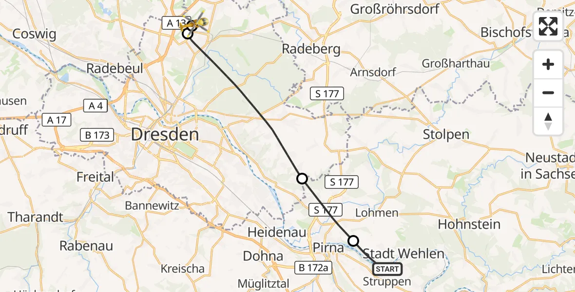 Flugroute Rettungshubschrauber Stadt Wehlen - Dresden Bundespolizei Hubschrauberlandeplatz, 10 Juli 2026, 19:03