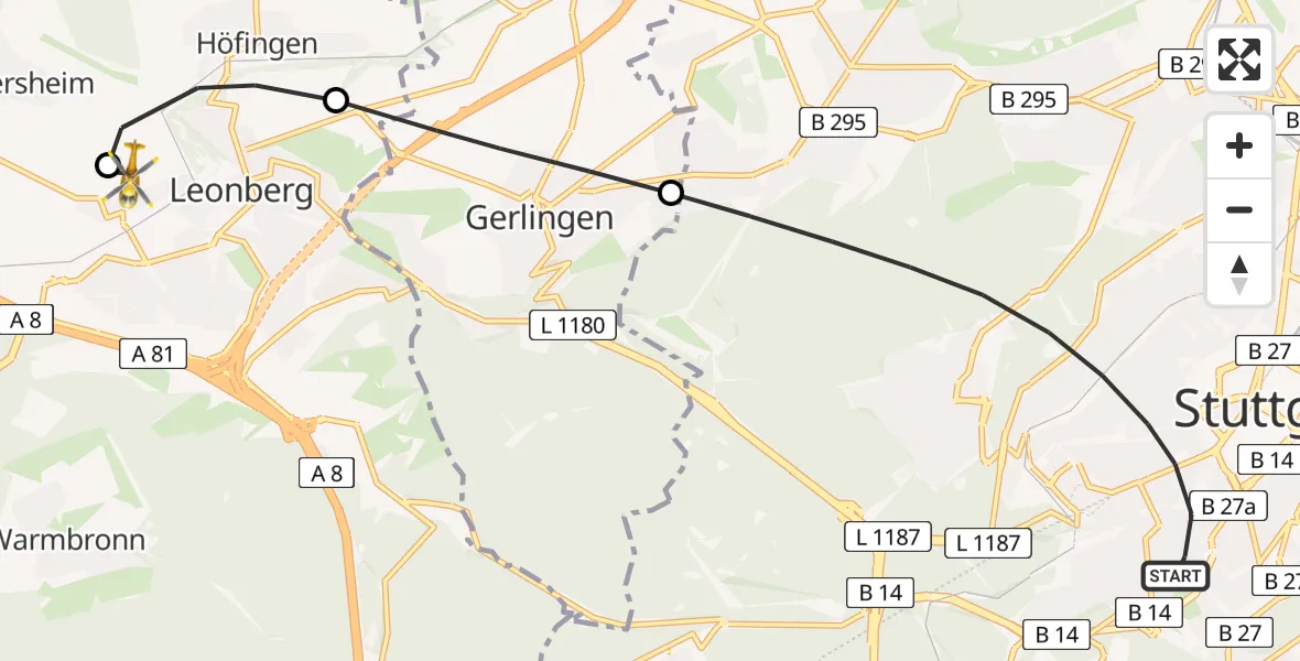 Flugroute Rettungshubschrauber Stuttgart - Leonberg Hospital, 10 Juli 2026, 19:04