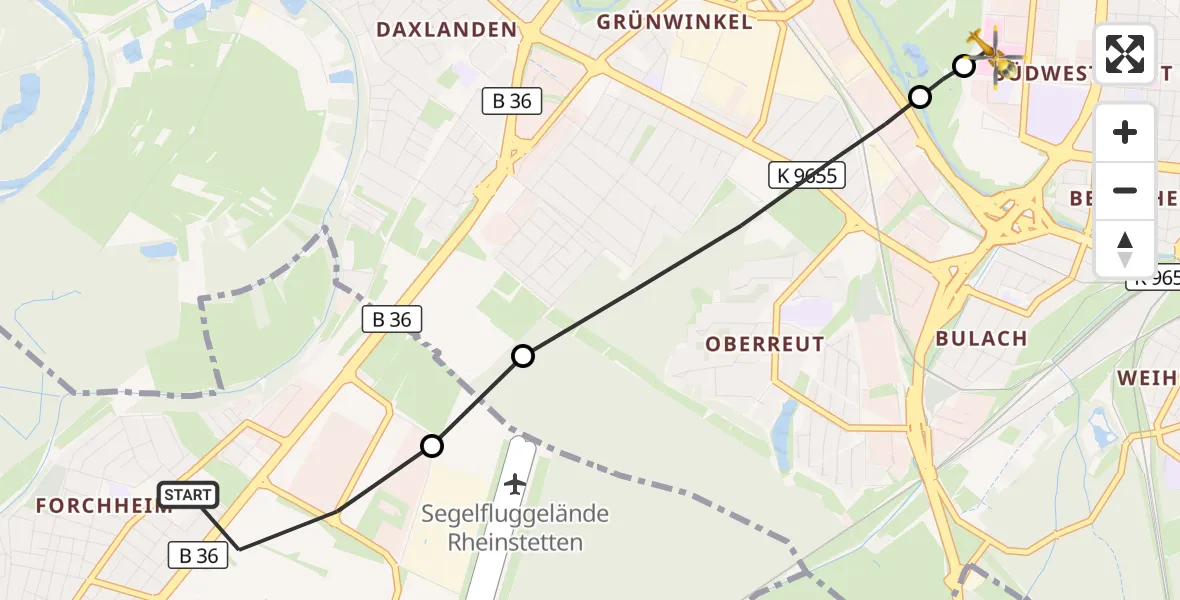 Flugroute Ambulanzhubschrauber Rheinstetten - Sankt Vincentius Hospital, 10 Juli 2026, 19:08