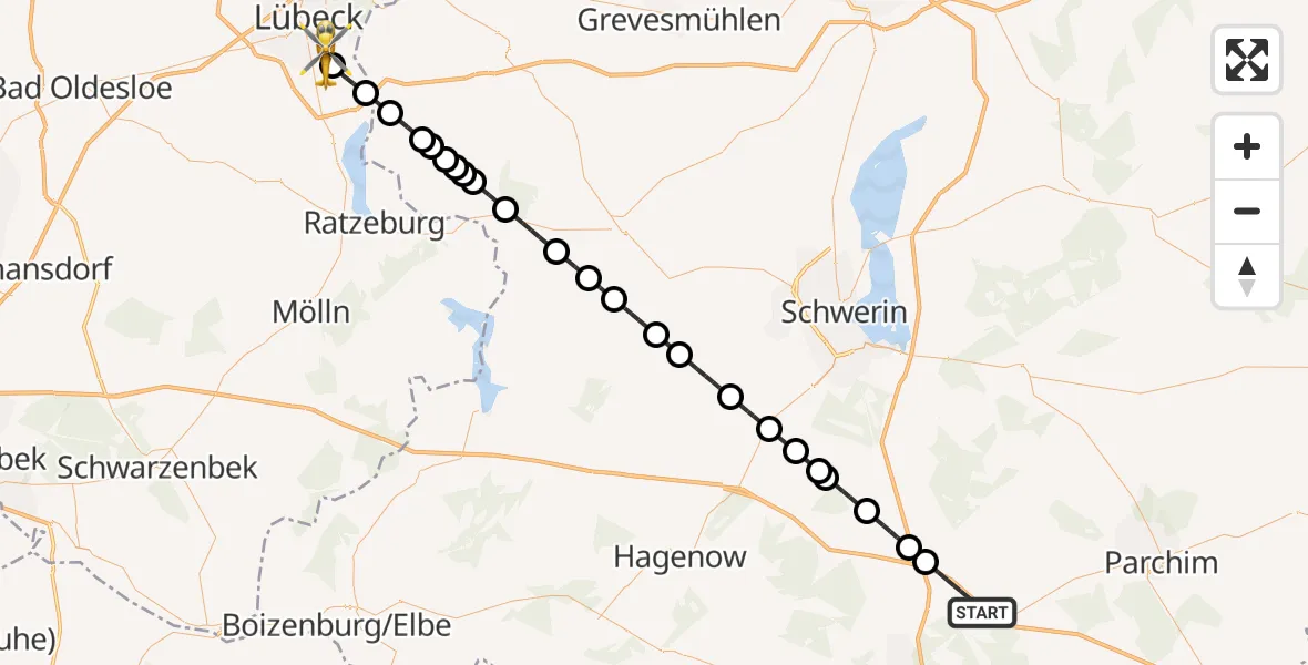 Flugroute Rettungshubschrauber Neustadt-Glewe - Lübeck, 10 Juli 2026, 19:15