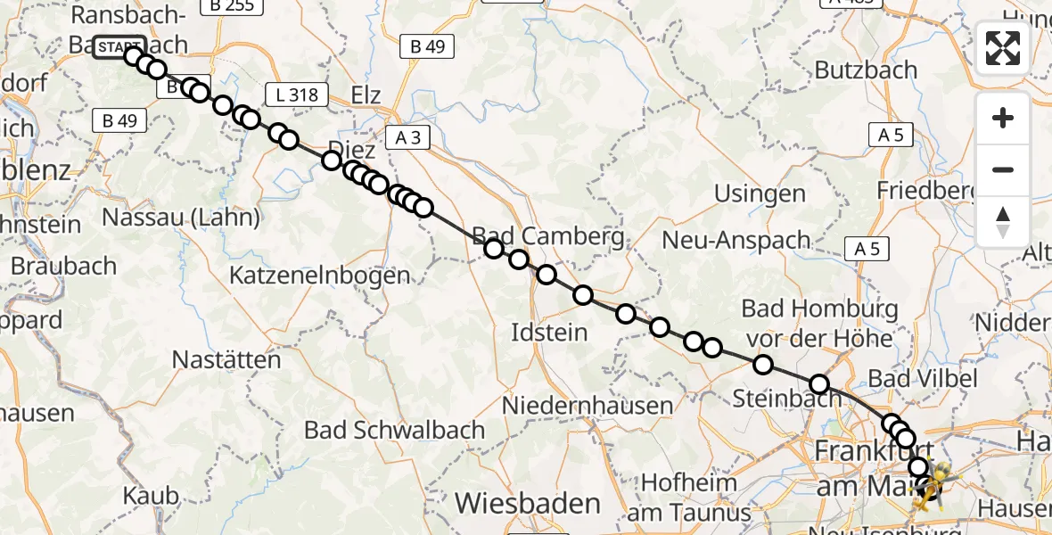 Flugroute Rettungshubschrauber Ransbach-Baumbach - Sana Hospital Offenbach, 10 Juli 2026, 19:21