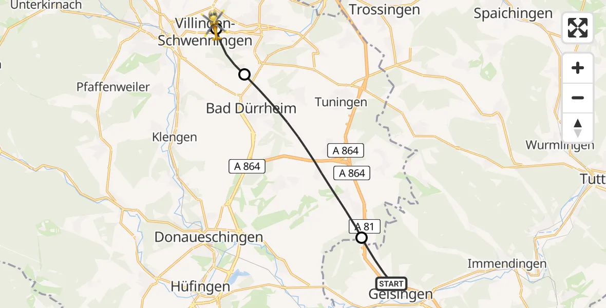 Flugroute Ambulanzhubschrauber Geisingen - DRF Air Rescue Station Villingen-Schwenningen Hubschrauberlandeplatz (Christoph 11), 10 Juli 2026, 19:23