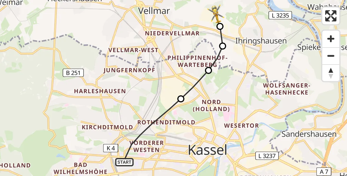 Flugroute Rettungshubschrauber Kassel - Fuldatal Bundespolizei Hubschrauberlandeplatz, 10 Juli 2026, 19:26