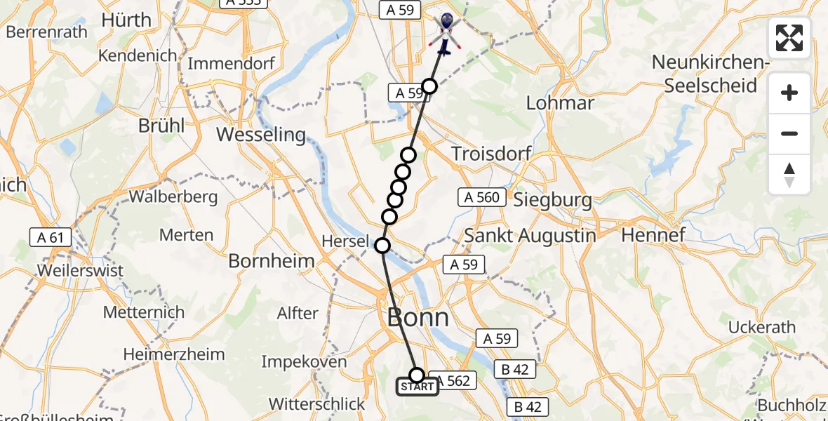 Flugroute Polizeihubschrauber Bonn University Hospital - Köln Bonn Flughafen, 10 Juli 2026, 19:27