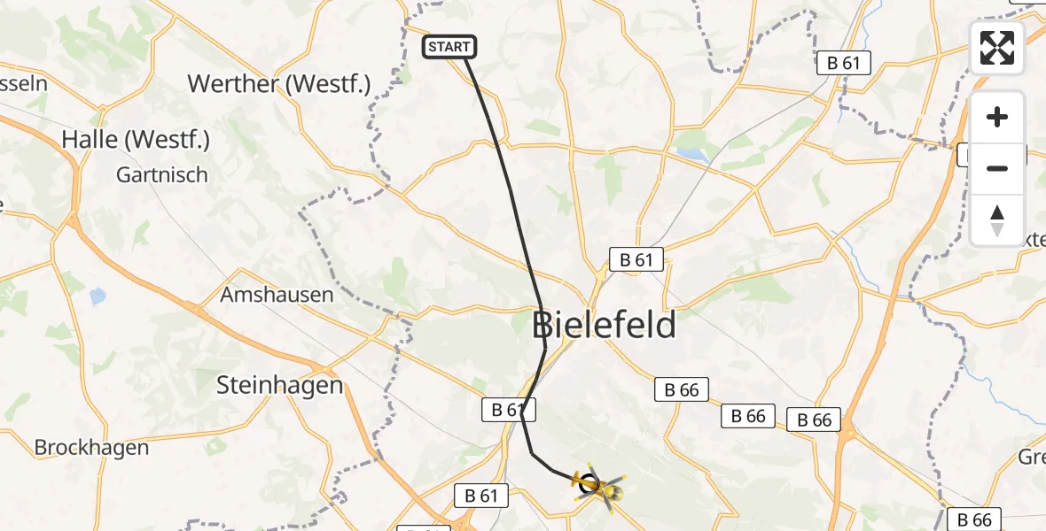 Flugroute Rettungshubschrauber Bielefeld - Luftrettungszentrum Bielefeld, 10 Juli 2026, 19:28