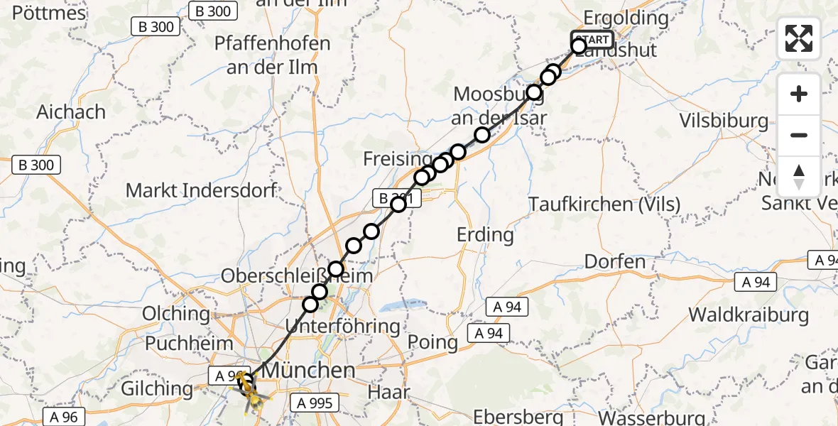 Flugroute Rettungshubschrauber Altdorf - DRF Air Rescue München Hubschrauberlandeplatz, 10 Juli 2026, 19:29