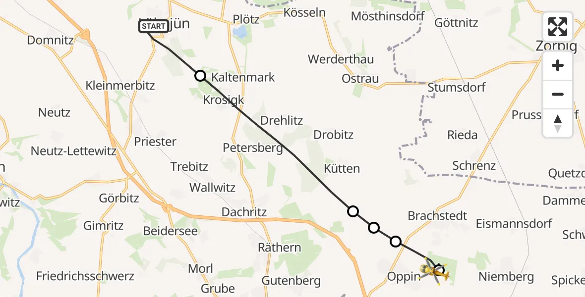 Flugroute Rettungshubschrauber Wettin-Löbejün - Halle-Oppin Flugplatz, 10 Juli 2026, 19:32