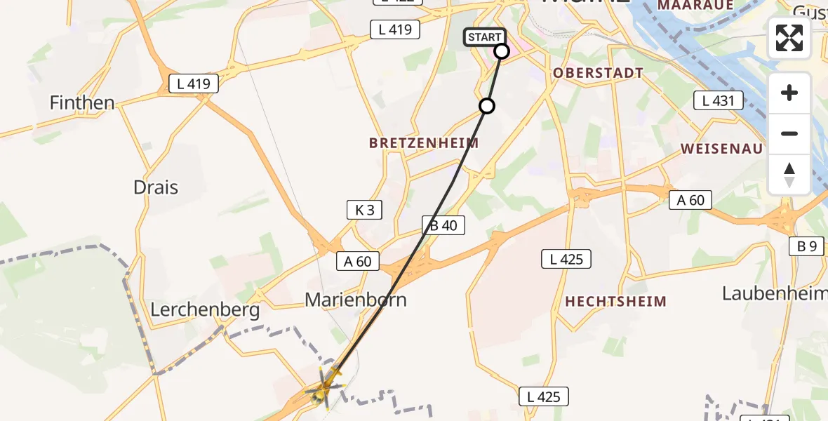 Flugroute Rettungshubschrauber Mainz University Hospital - Klein-Winternheim, 10 Juli 2026, 19:44