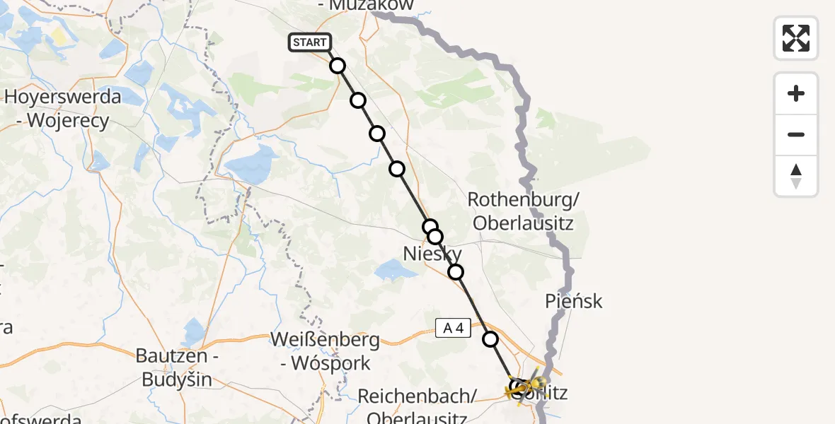 Flugroute Rettungshubschrauber Weißwasser/O.L. - Görlitz Hospital, 10 Juli 2026, 19:52