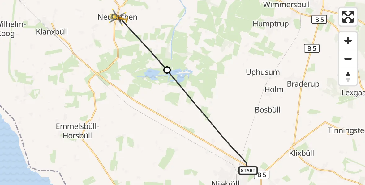 Flugroute Ambulanzhubschrauber Niebüll - Neukirchen, 10 Juli 2026, 19:53