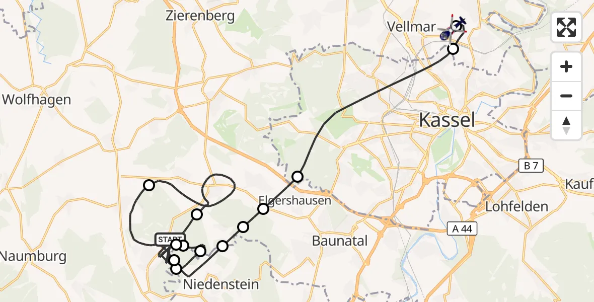 Flugroute Polizeihubschrauber Bad Emstal - Fuldatal Bundespolizei Hubschrauberlandeplatz, 10 Juli 2026, 20:06