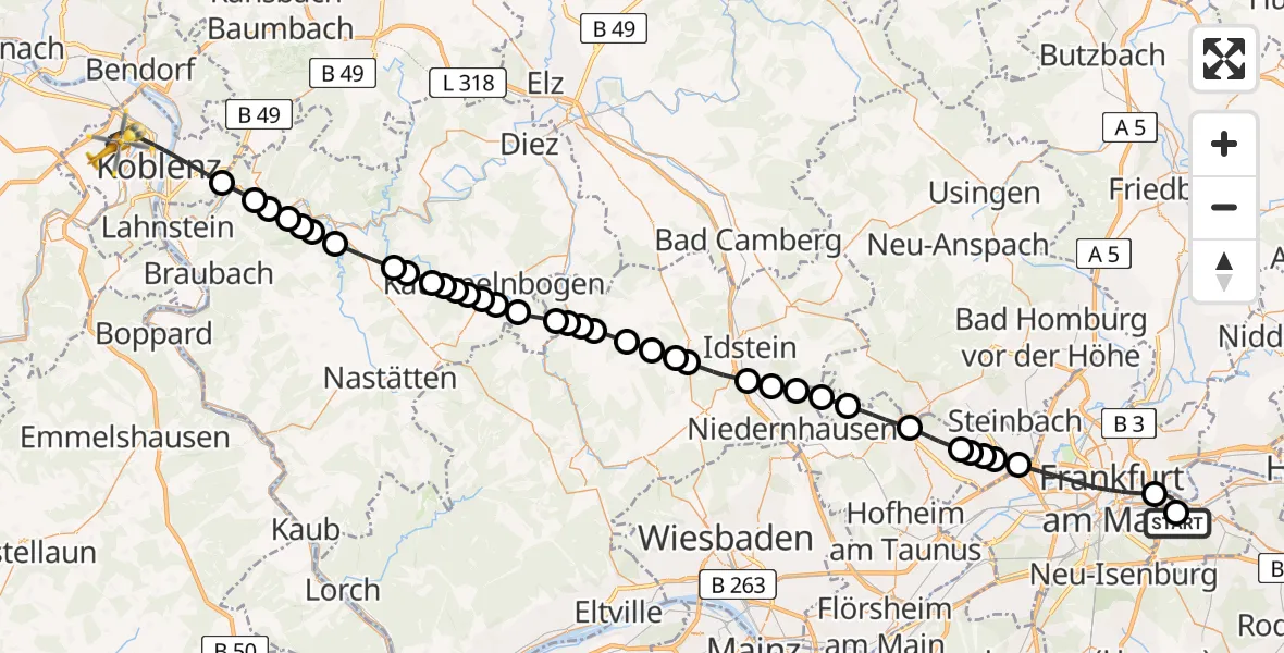 Flugroute Rettungshubschrauber Sana Hospital Offenbach - Koblenz, 10 Juli 2026, 20:11