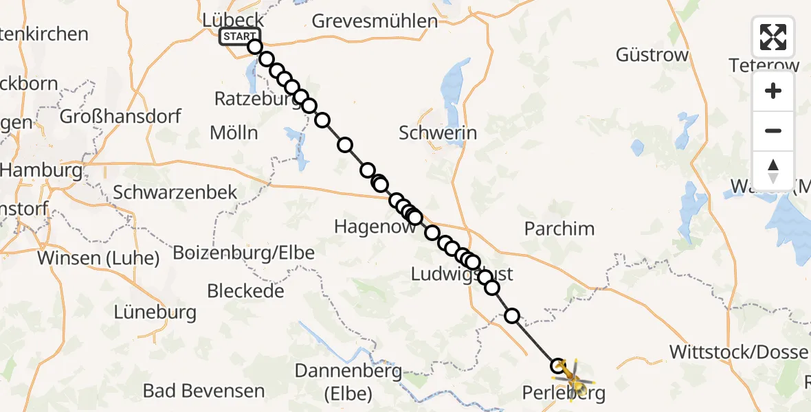 Flugroute Rettungshubschrauber Lübeck - Perleberg, 10 Juli 2026, 20:17