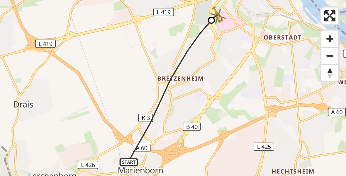 Flugroute Rettungshubschrauber Mainz - Mainz University Hospital, 10 Juli 2026, 20:18