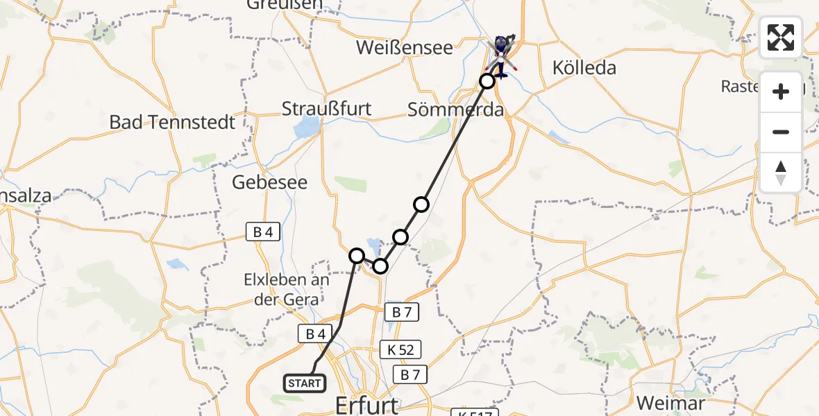 Flugroute Polizeihubschrauber Erfurt - Sömmerda, 10 Juli 2026, 20:30