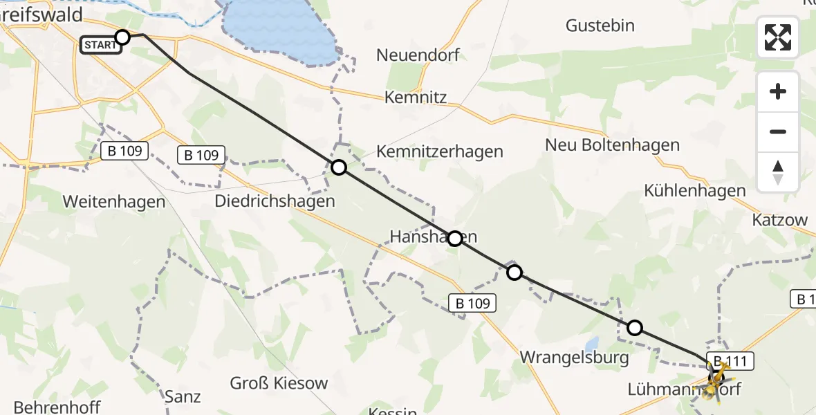 Flugroute Rettungshubschrauber Greifswald Hospital - Wolgast, 10 Juli 2026, 20:36