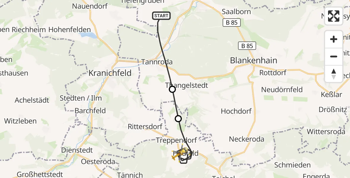 Flugroute Ambulanzhubschrauber Bad Berka - Rudolstadt, 10 Juli 2026, 20:37