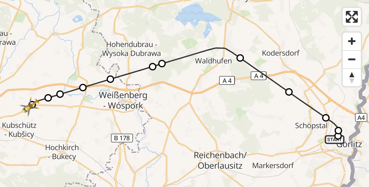 Flugroute Rettungshubschrauber Görlitz Hospital - Bautzen Flugplatz, 10 Juli 2026, 20:41