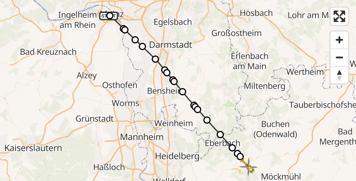 Flugroute Rettungshubschrauber Mainz University Hospital - Mosbach, 10 Juli 2026, 20:46