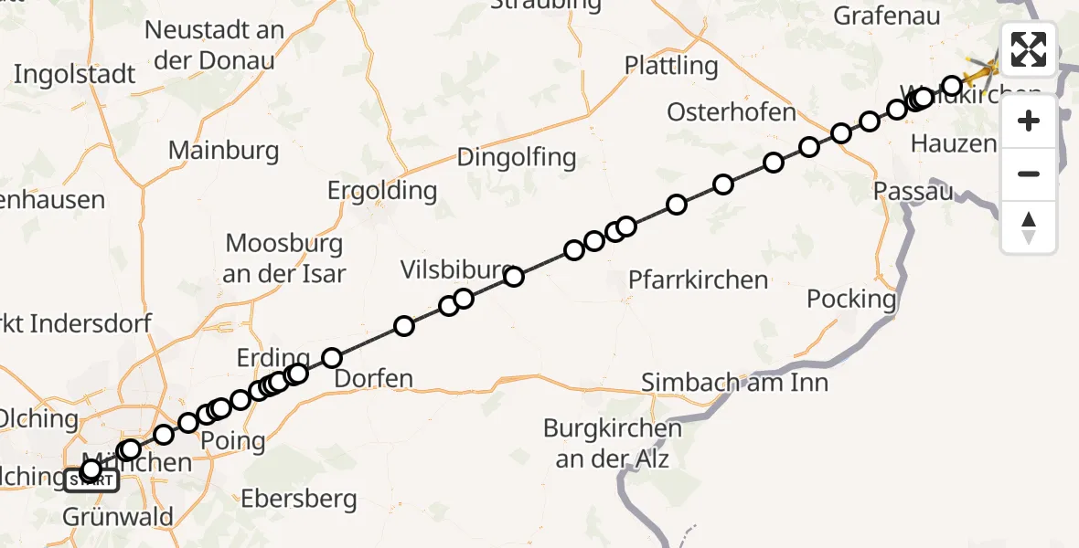 Flugroute Rettungshubschrauber DRF Air Rescue München Hubschrauberlandeplatz - Waldkirchen, 10 Juli 2026, 20:50