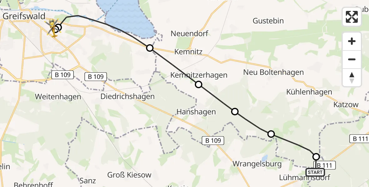 Flugroute Rettungshubschrauber Karlsburg - Greifswald Hospital, 10 Juli 2026, 21:02