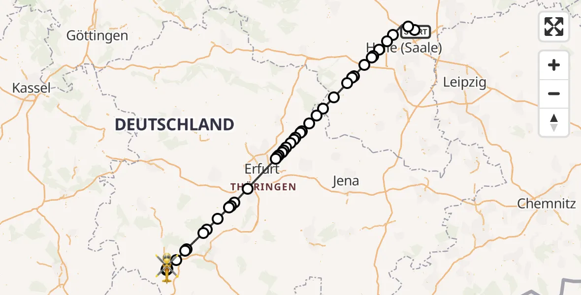 Flugroute Rettungshubschrauber Halle-Oppin Flugplatz - Helios Clinic Meiningen, 10 Juli 2026, 21:05