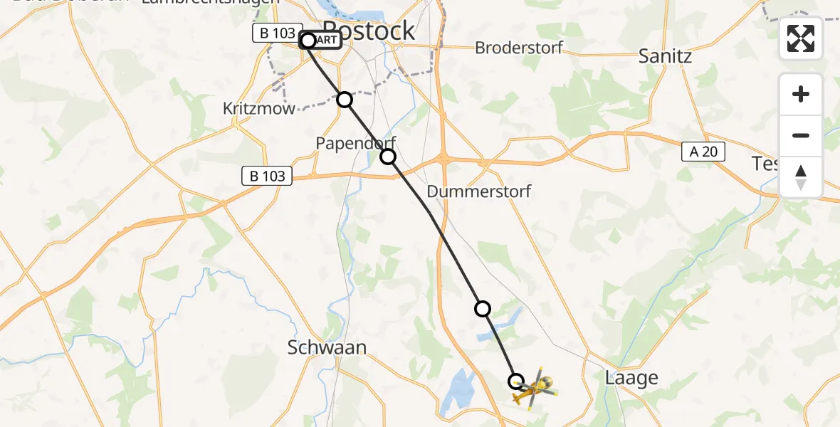 Flugroute Rettungshubschrauber Rostock University Hubschrauberlandeplatz - Flughafen Rostock-Laage, 10 Juli 2026, 21:05