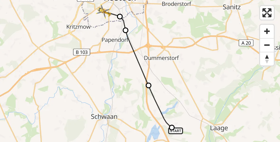 Flugroute Rettungshubschrauber Flughafen Rostock-Laage - Rostock, 10 Juli 2026, 21:30