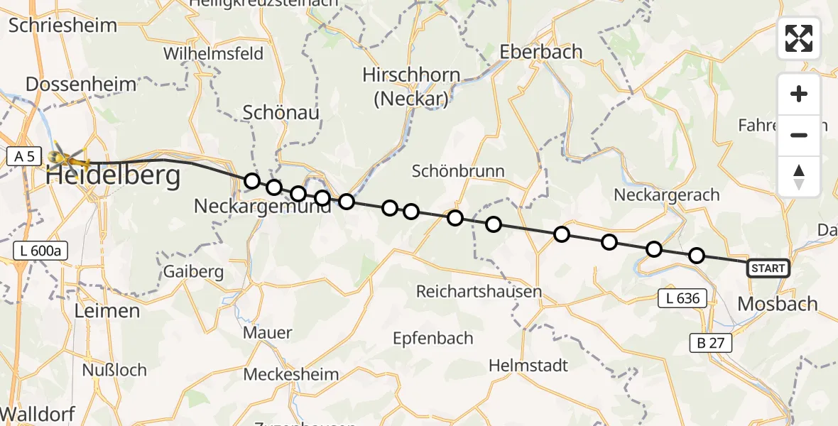 Flugroute Rettungshubschrauber Mosbach - Heidelberg, 10 Juli 2026, 21:34