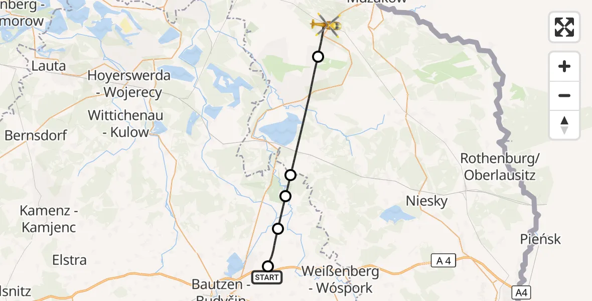 Flugroute Rettungshubschrauber Kubschütz - Weißwasser/O.L., 10 Juli 2026, 21:57