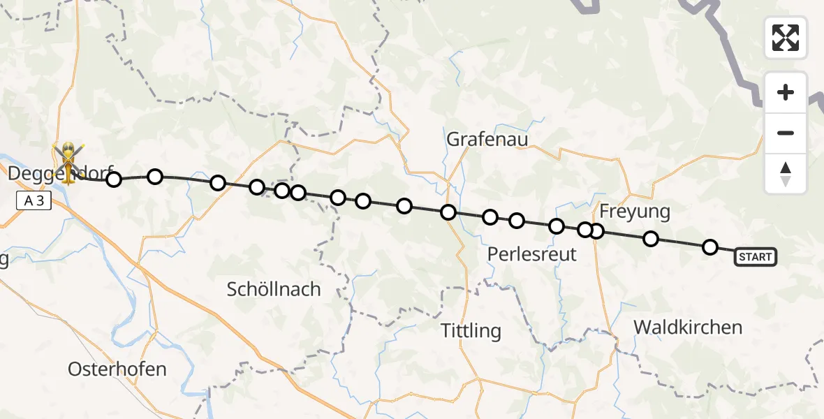 Flugroute Rettungshubschrauber Grainet - Deggendorf, 10 Juli 2026, 22:04