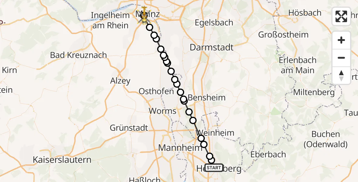 Flugroute Rettungshubschrauber Heidelberg - Mainz University Hospital, 10 Juli 2026, 22:15