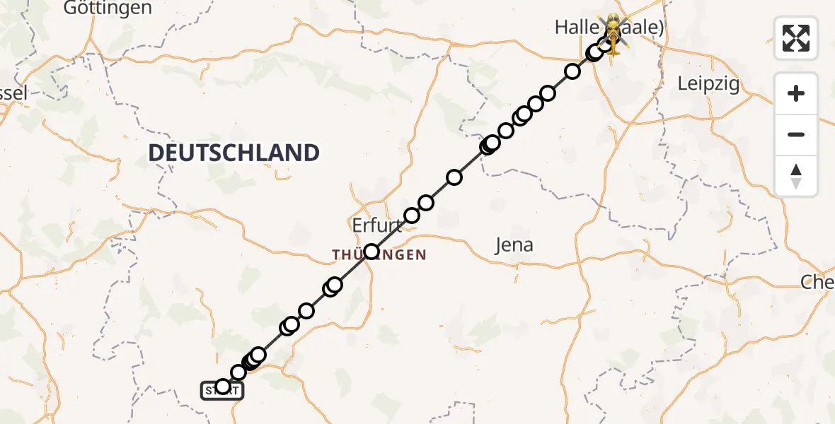 Flugroute Rettungshubschrauber Helios Clinic Meiningen - BG Hospital Bergmannstrost Halle, 10 Juli 2026, 22:20
