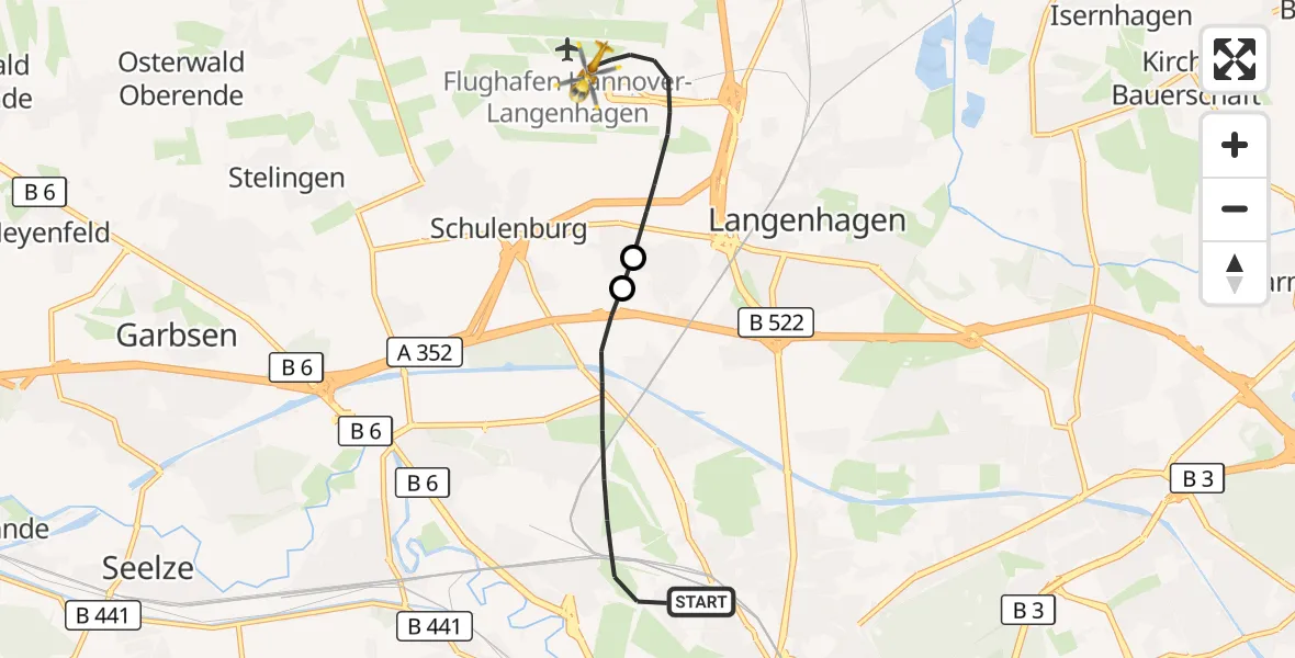 Flugroute Rettungshubschrauber Hannover - Flughafen Hannover, 10 Juli 2026, 22:20