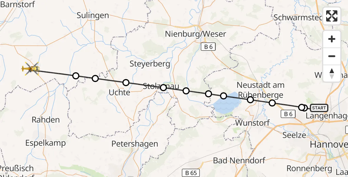 Flugroute Rettungshubschrauber Flughafen Hannover - Wagenfeld, 10 Juli 2026, 22:38