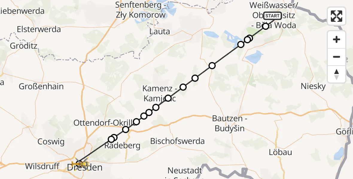 Flugroute Rettungshubschrauber Weißwasser/O.L. - Dresden Friedrichstadt Hospital, 10 Juli 2026, 22:40